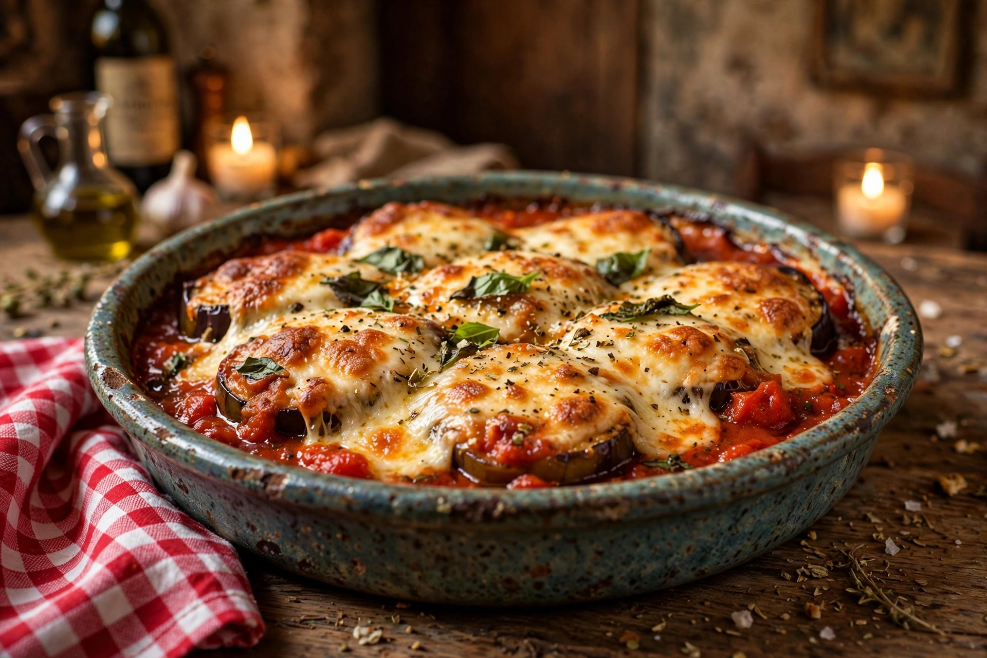 Baked eggplant parmigiana bubbling in a ceramic dish