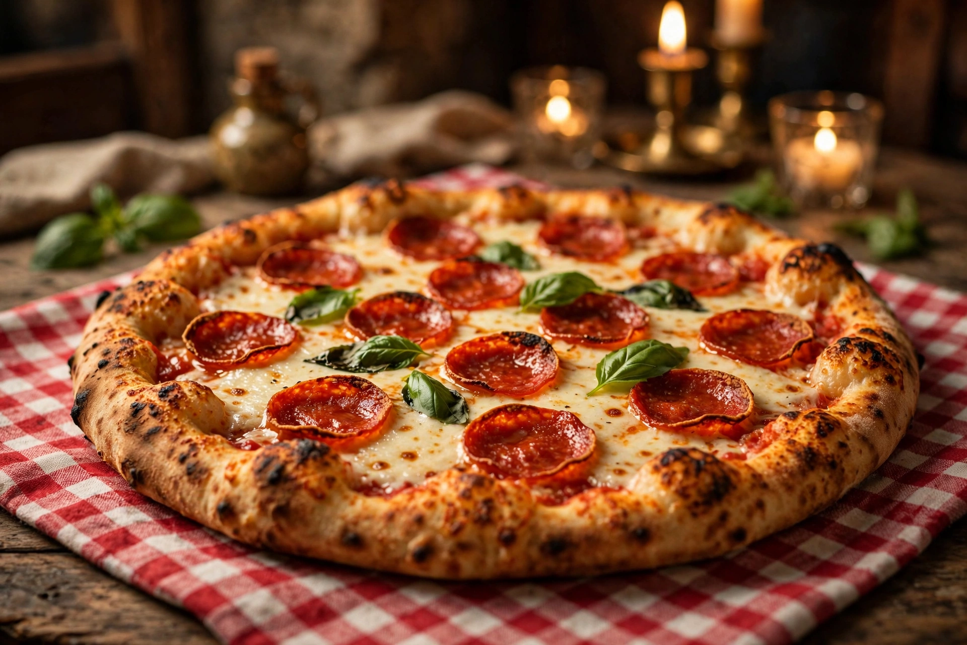 Hand-thrown pepperoni pizza on a wooden table
